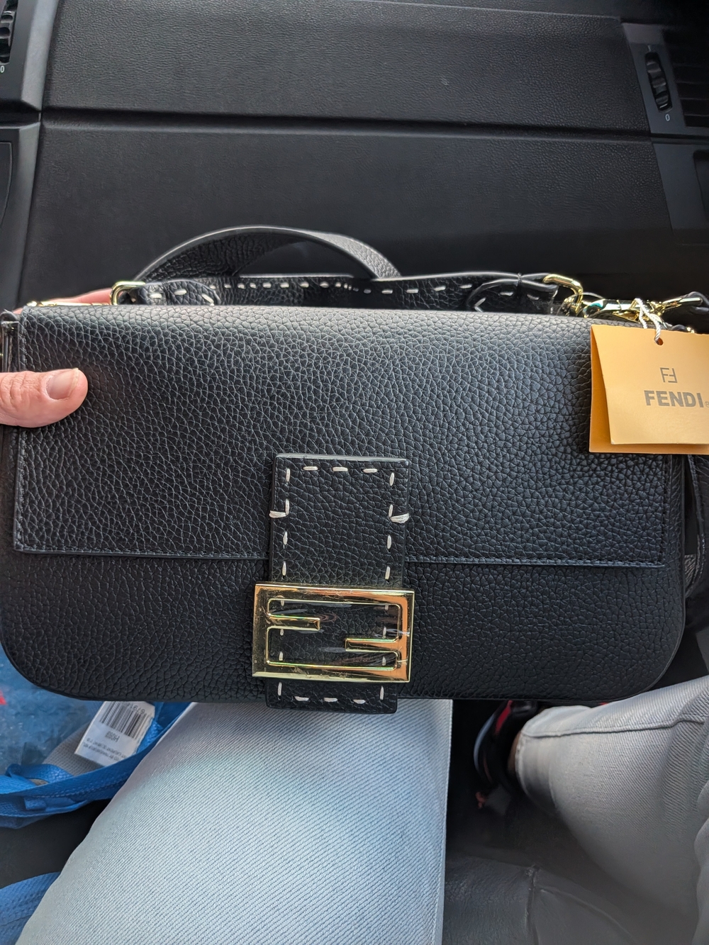 Fendi Black Pebbled Leather Shoulder Bag with Gold Hardware